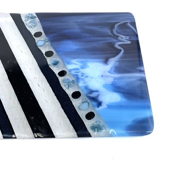 Dos Sirenas Fused Glass Plate Serving Tray Footed 12 x 6" Blue White Black 2016 - Picture 4 of 9